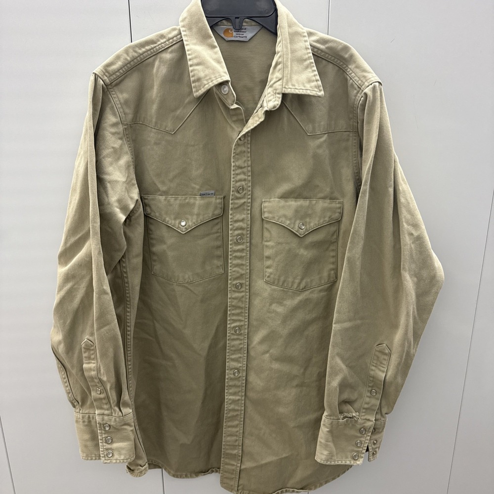 Vintage Carhartt Mens XL Beige Western Pearl Snap Canvas Shirt Union Made USA